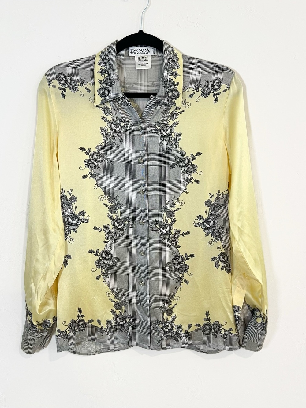 Escada 100% Silk Vintage Prince of Wales Blouse Floral Yellow Size 36 US Small